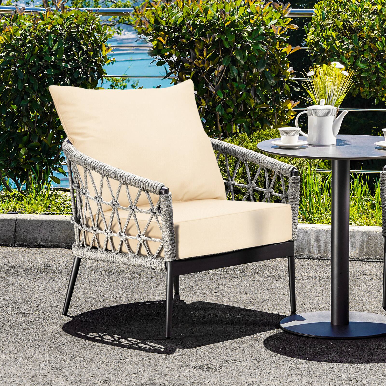 Alt View 1. Gymax - Gymax 2PCS Deep Seat Chair Cushion Pads Set Indoor Outdoor W/ Rope Belts Beige - Beige.