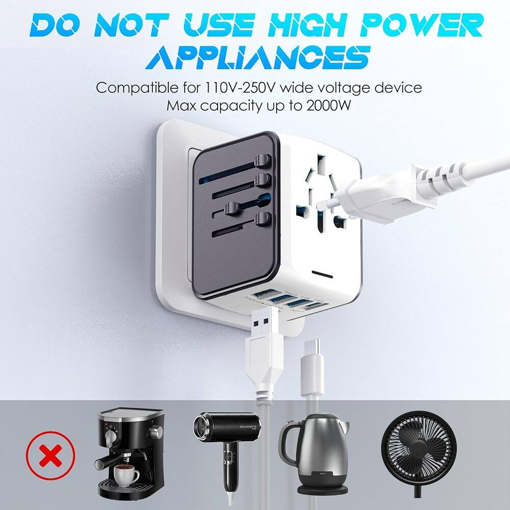 DO NOT USE HIGH POWER APPLIANCES

Compatible for 110V-250V wide voltage device
Max capacity up to 2000W