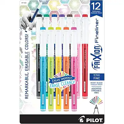 #11452 COLORS! REMARKABLE, ERASABLE
FRIXION Fineliner 0.7mm
CREATE SMOOTHLY ERASE CLEANLY
12 ERASABLE MARKER PENS
FINE WON'T BLEED THROUGH PAPER
ASSORTED ERASABLE INKS
PILOT