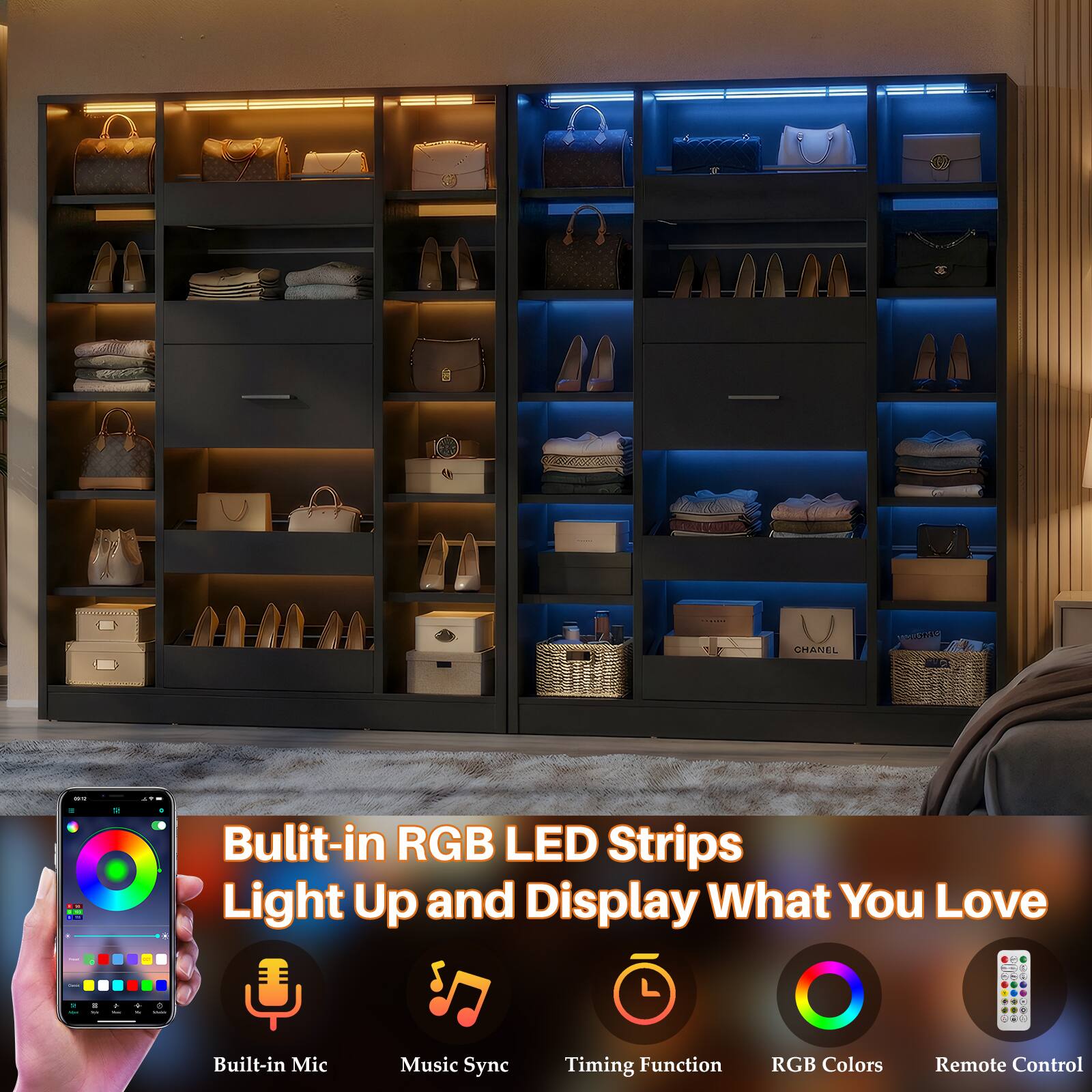 H CHANEL -- Built-in RGB LED Strips Light Up and Display What You Love - | - Built-in Mic Music Sync Timing Function RGB Colors Remote Control