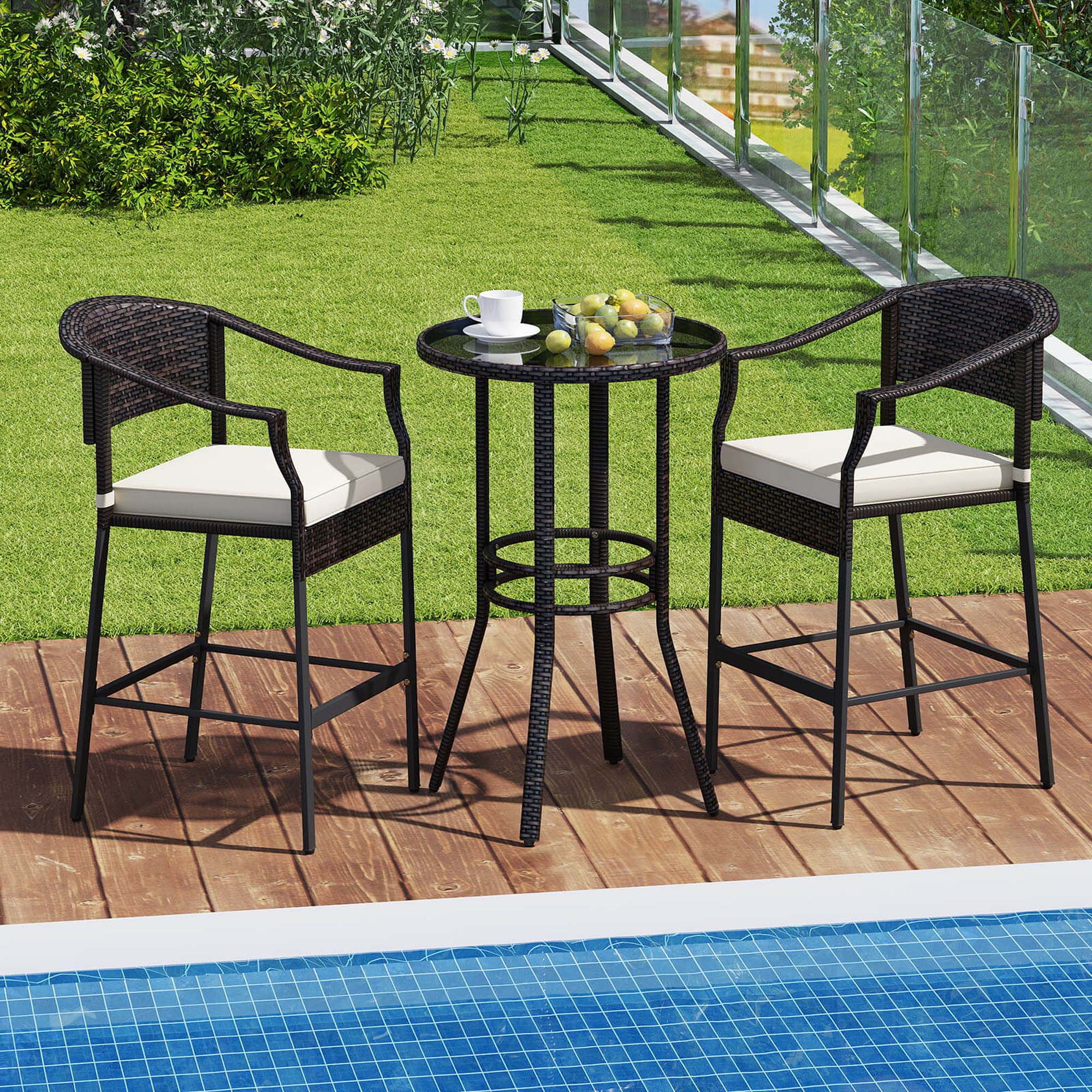Alt View 4. Costway - 3 PCS Patio Rattan Bar Set Wicker Armchairs & Round Table with Tempered Glass Top - Mix Brown,Off White.