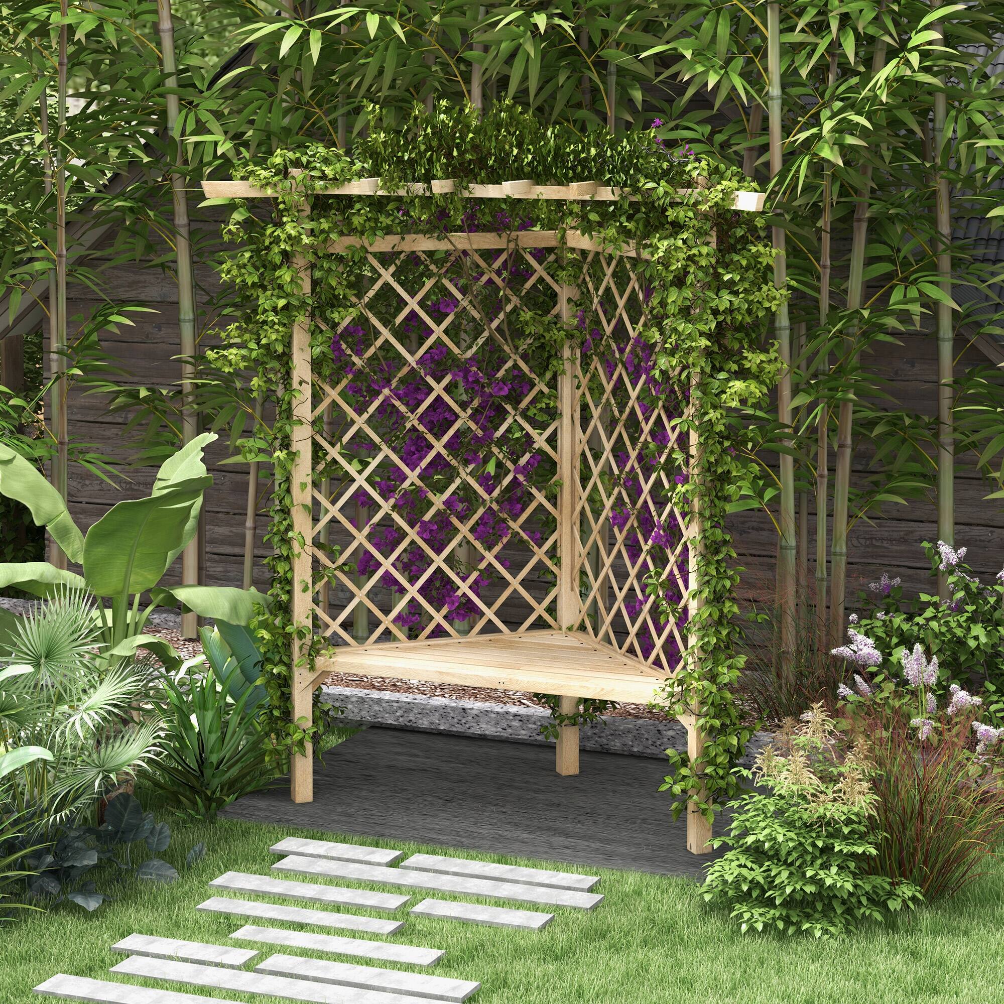 Alt View 1. Outsunny - Trellis Garden Bench, Wooden Park Bench for Climbing Plants w/ Slatted Seat, Great for Lawn, Backyard - Natural Wood.