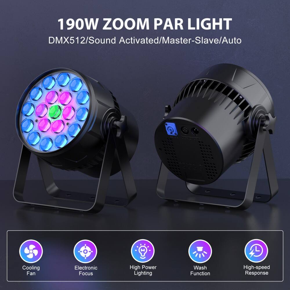 190W ZOOM PAR LIGHT  
DMX512/Sound Activated/Master-Slave/Auto  

- Cooling Fan  
- Electronic Focus  
- High Power Lighting  
- Wash Function  
- High-speed Response