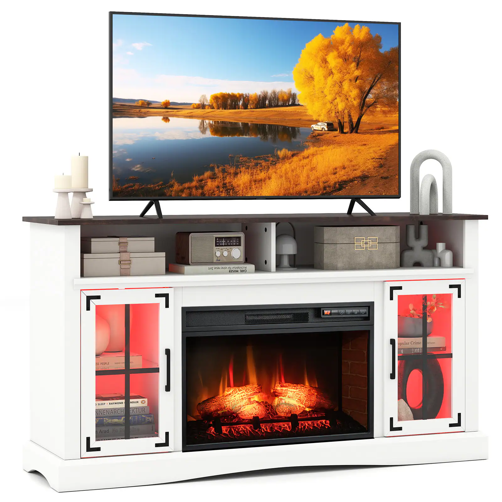 Gymax - Fireplace TV Stand w/ Remote Controls & Thermostat Storage Cabinets White - Black, White