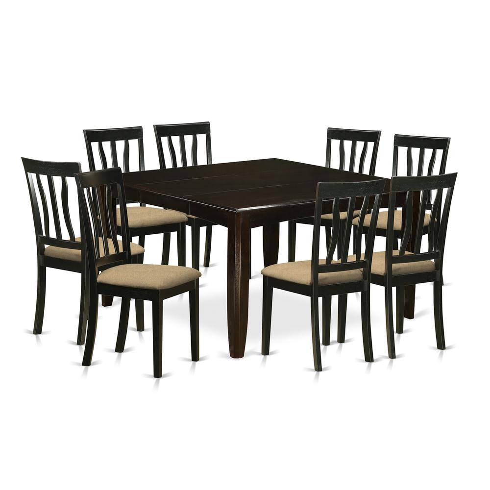 Back. East West Furniture - PFAN7-CAP-C 7 Pc Dining room set for 6-Square Dining Table with Leaf and 6 Dining Chairs - Cappuccino.