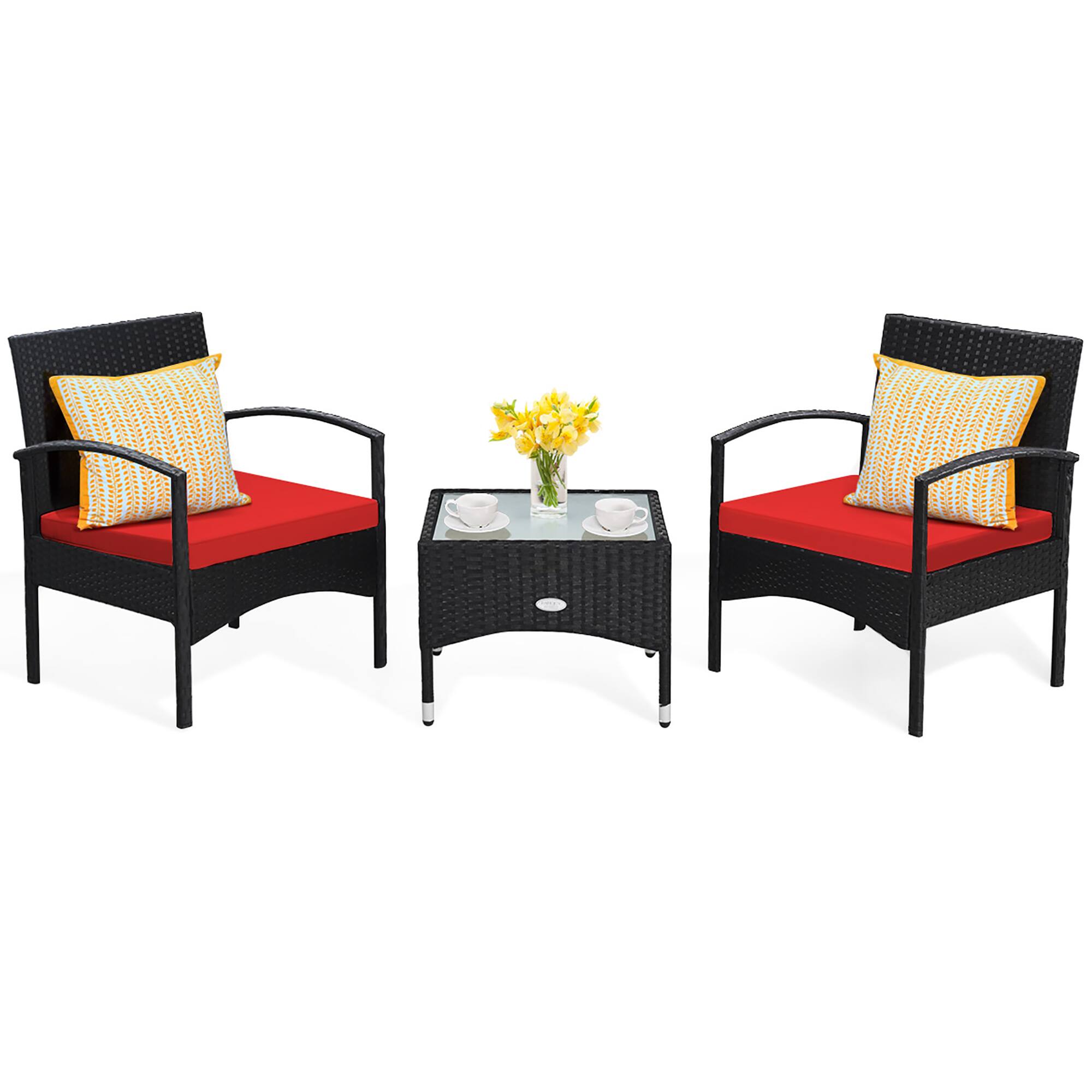 Costway - 3 PCS Patio Wicker Rattan Furniture Set Coffee Table & 2 Rattan Chair W/Cushion - Red