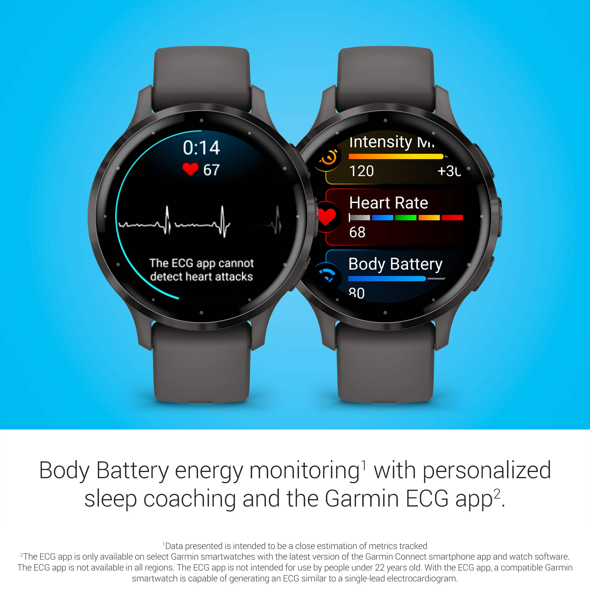 The ECG app cannot detect heart attacks. Body Battery energy monitoring1 with personalized sleep coaching and the Garmin ECG app2. Data presented is intended to be a close estimation of metrics tracked. The ECG app is only available on select Garmin smartwatches with the latest version of the Garmin Connect smartphone app and watch software. The ECG app is not available in all regions. The ECG app is not intended for use by people under 22 years old. With the ECG app, a compatible Garmin smartwatch is capable of generating an ECG similar to a single-lead electrocardiogram.