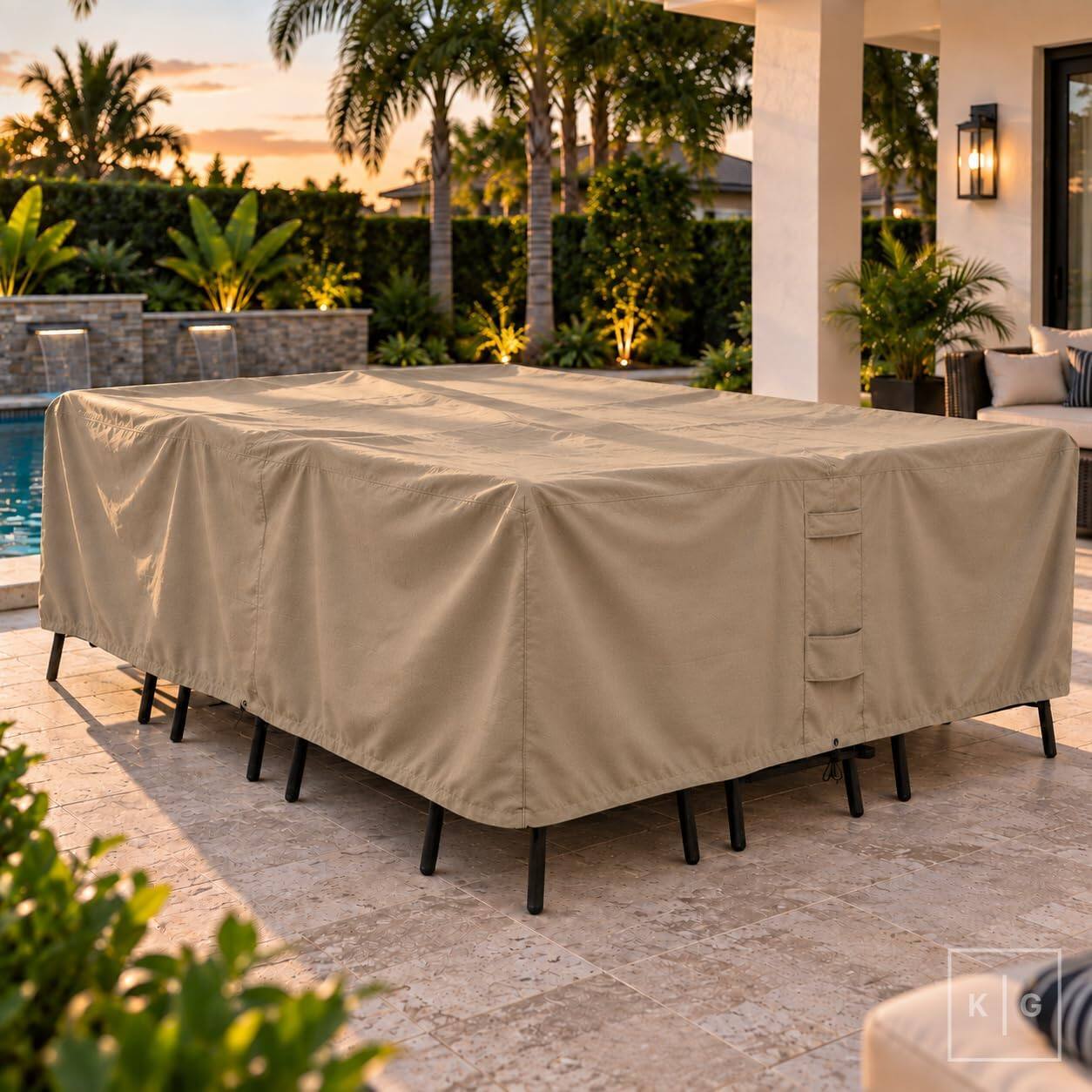 Back. KHOMO GEAR - Patio Furniture Cover Waterproof, Rectangular Outdoor Table and Chair Set Cover, Fits 6-8 Chairs - 128"L x 82"W x 25"H - Brown.