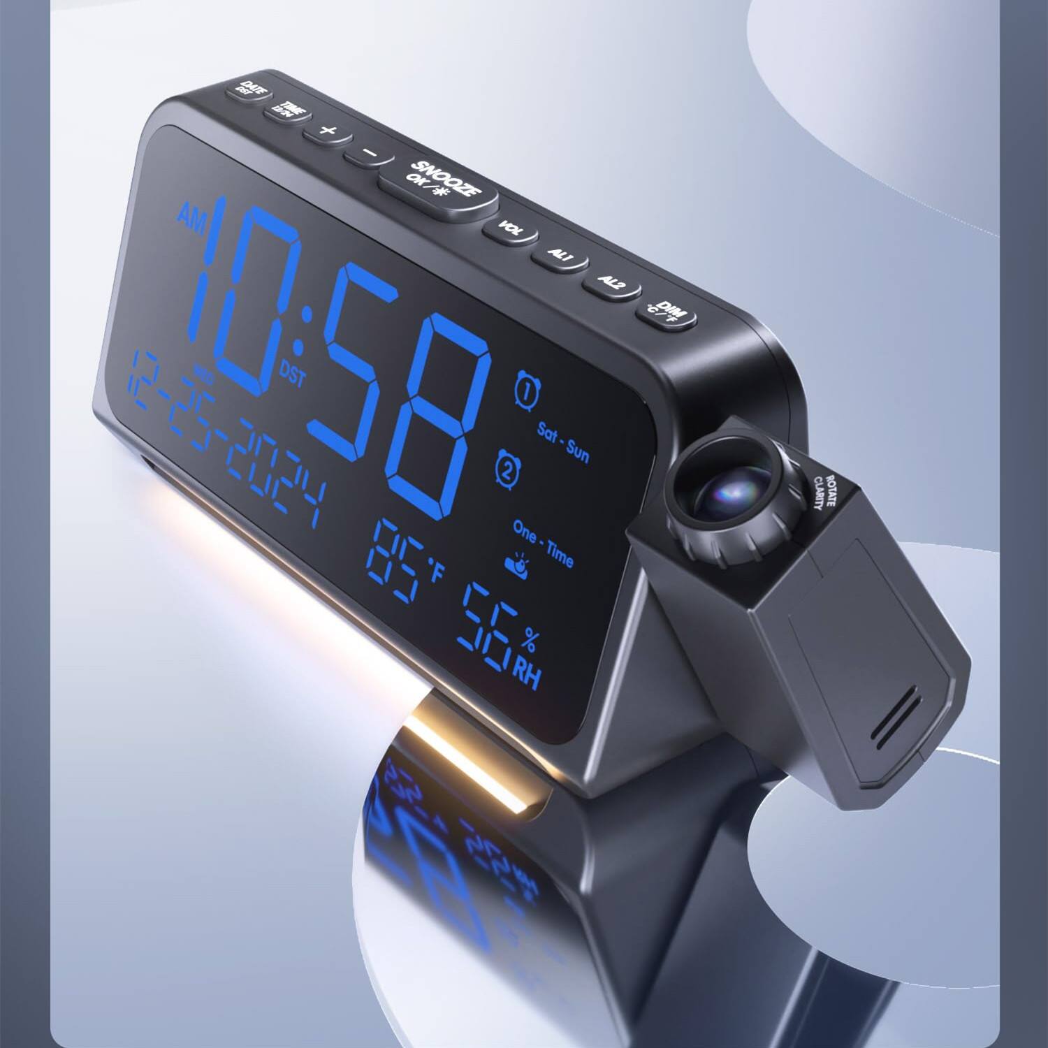 Sure, here is the corrected and grouped text from the image:

- **Time:** 10:58
- **Date:** 12-25-2024
- **Day:** Sat - Sun
- **Temperature:** 65°F
- **Humidity:** 55%
- **RH:** 55
- **Buttons:** 
  - SNOOZE
  - AM/PM
  - ALARM
  - RADIO
  - SNOOZE
  - ALARM
  - RADIO
  - SNOOZE
  - ALARM
  - RADIO
  - SNOOZE
  - ALARM
  - RADIO
  - SNOOZE
  - ALARM
  - RADIO
  - SNOOZE
  - ALARM
  - RADIO
  - SNOOZE
  - ALARM
  - RADIO
  - SNOOZE
  - ALARM
  - RADIO
  - SNOOZE
  - ALARM
  - RADIO
  - SNOOZE
  - ALARM
  - RADIO
  - SNOOZE
  - ALARM