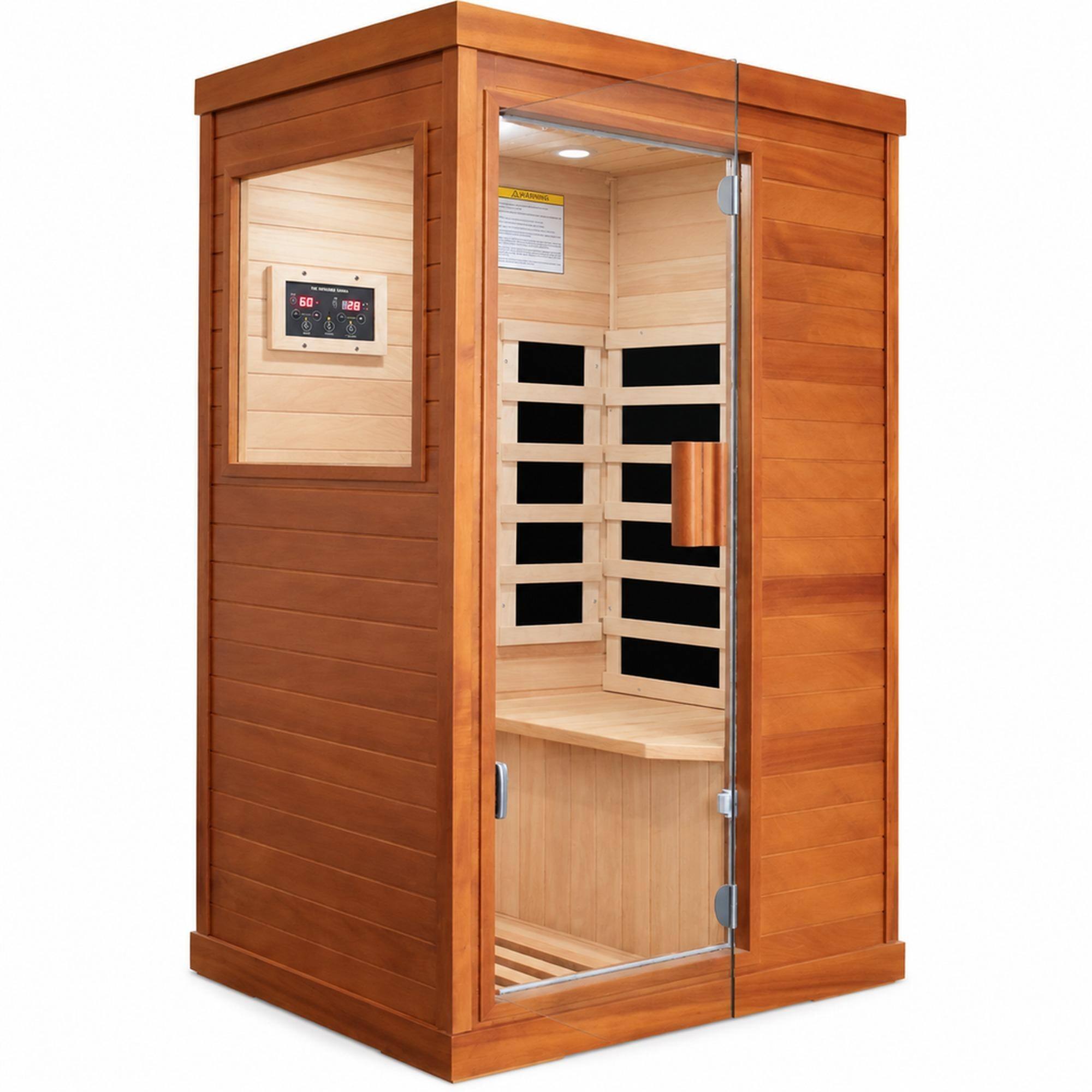 Front. RYHNUYNE - Infrared Sauna Room, Single Person, 700 x 895 x 1565 mm, Okoume Wood, 800W, 5 Heating Plates, Bluetooth, LED Light - Natural.
