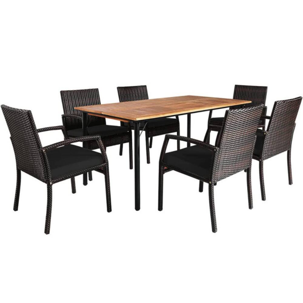Alt View 4. Mondawe - 7 Pieces Patio Rattan Cushioned Dining Set with Umbrella Hole - Black.