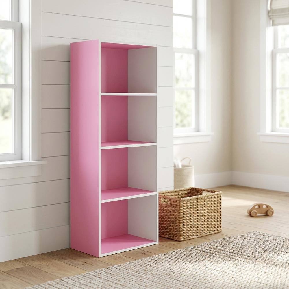 Angle. FurniFact - Engineered Wood Bookcase with Open Shelving for Storage and Display - Pink/White.