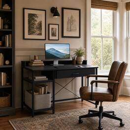 WELLFOR - 42 Inch Computer Desk with Drawer & USB Power Outlets, Home Office Desk with Storage Shelves - Black