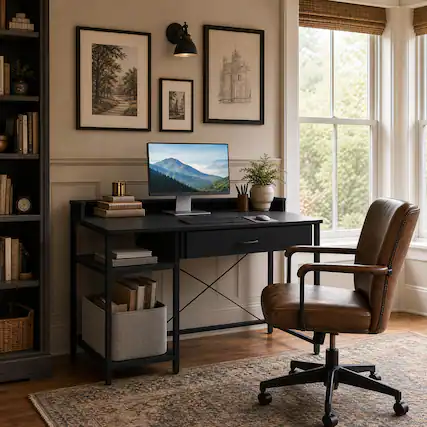 Front. WELLFOR - 42 Inch Computer Desk with Drawer & USB Power Outlets, Home Office Desk with Storage Shelves - Black.