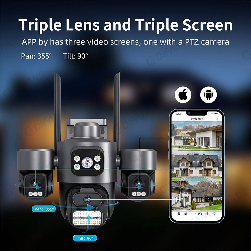 Triple Lens and Triple Screen  
APP by has three video screens, one with a PTZ camera  
Pan: 355°  
Tilt: 90°  

Pan: 355°  
Tilt: 90°