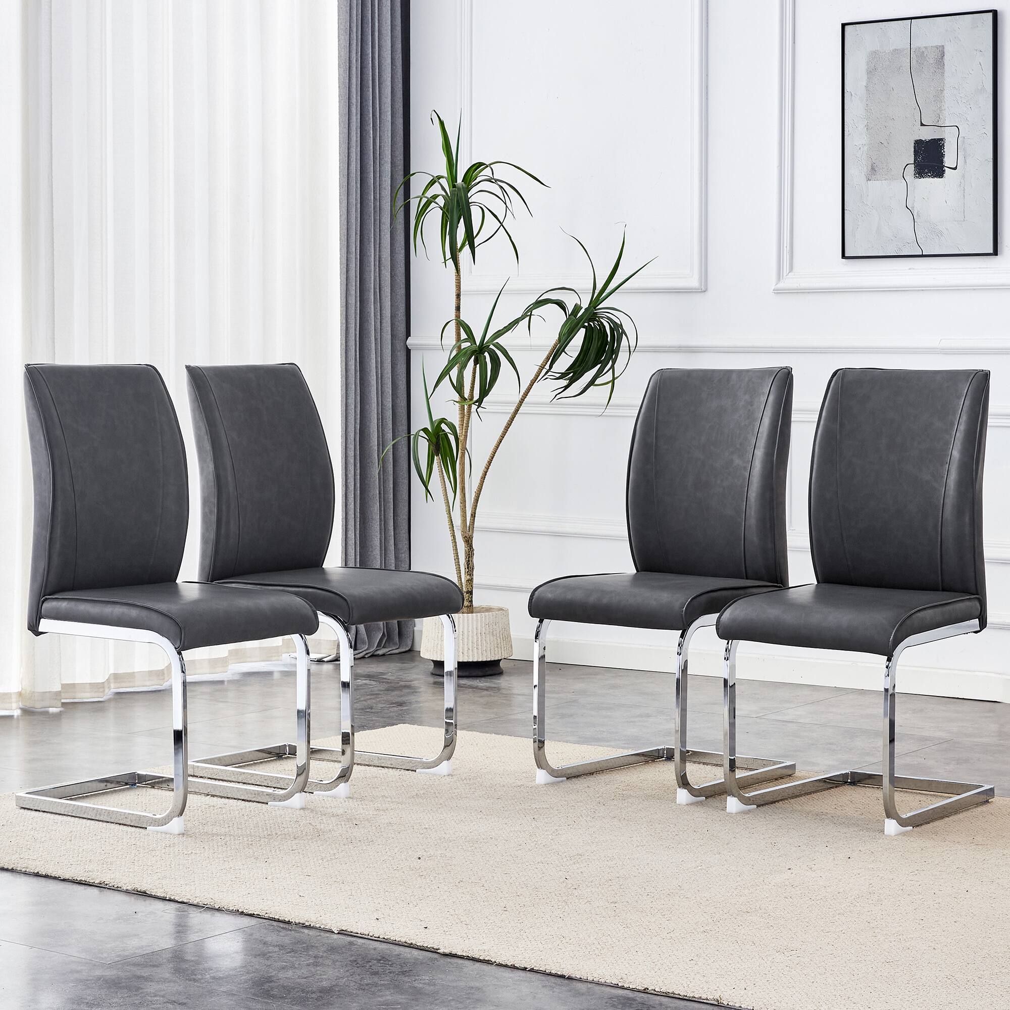 Alt View 1. Ecooso - Simple Arch Chair - Set of 4 Dark Gray PU Material High Resilience Dining Chair with Arched Metal Silver Leg. - Dark Gray,Silver.