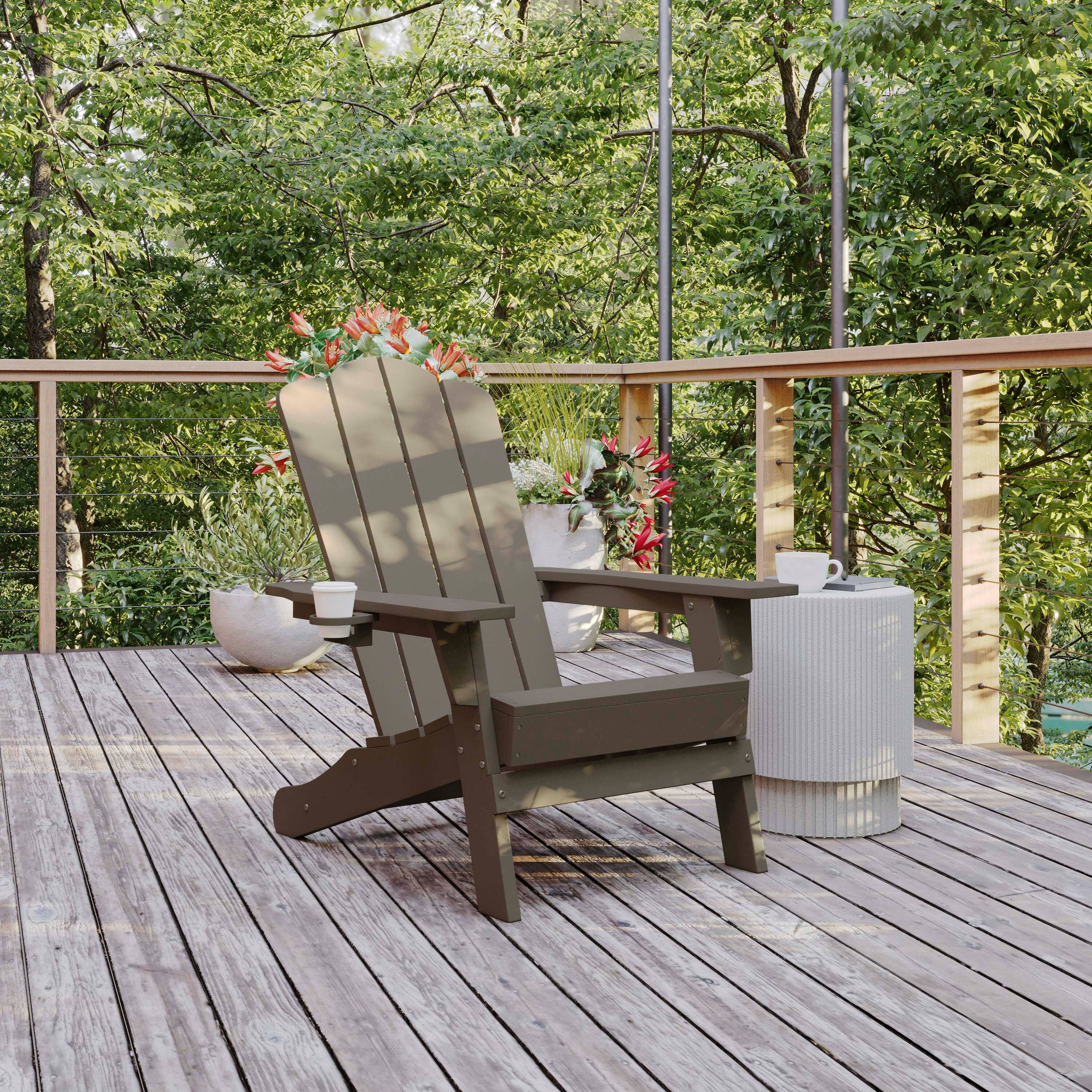 Alt View 1. Flash Furniture - Newport Adirondack Chair with Cup Holder, Weather Resistant HDPE Adirondack Chair in Brown - Brown.