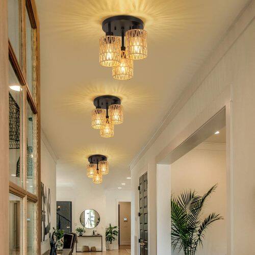 Left. LUCKY ONE - 3-Light Rattan Semi Flush Mount Ceiling Light, Hand-Woven Boho Fixture for Hallway Living Room Kitchen - Brown.