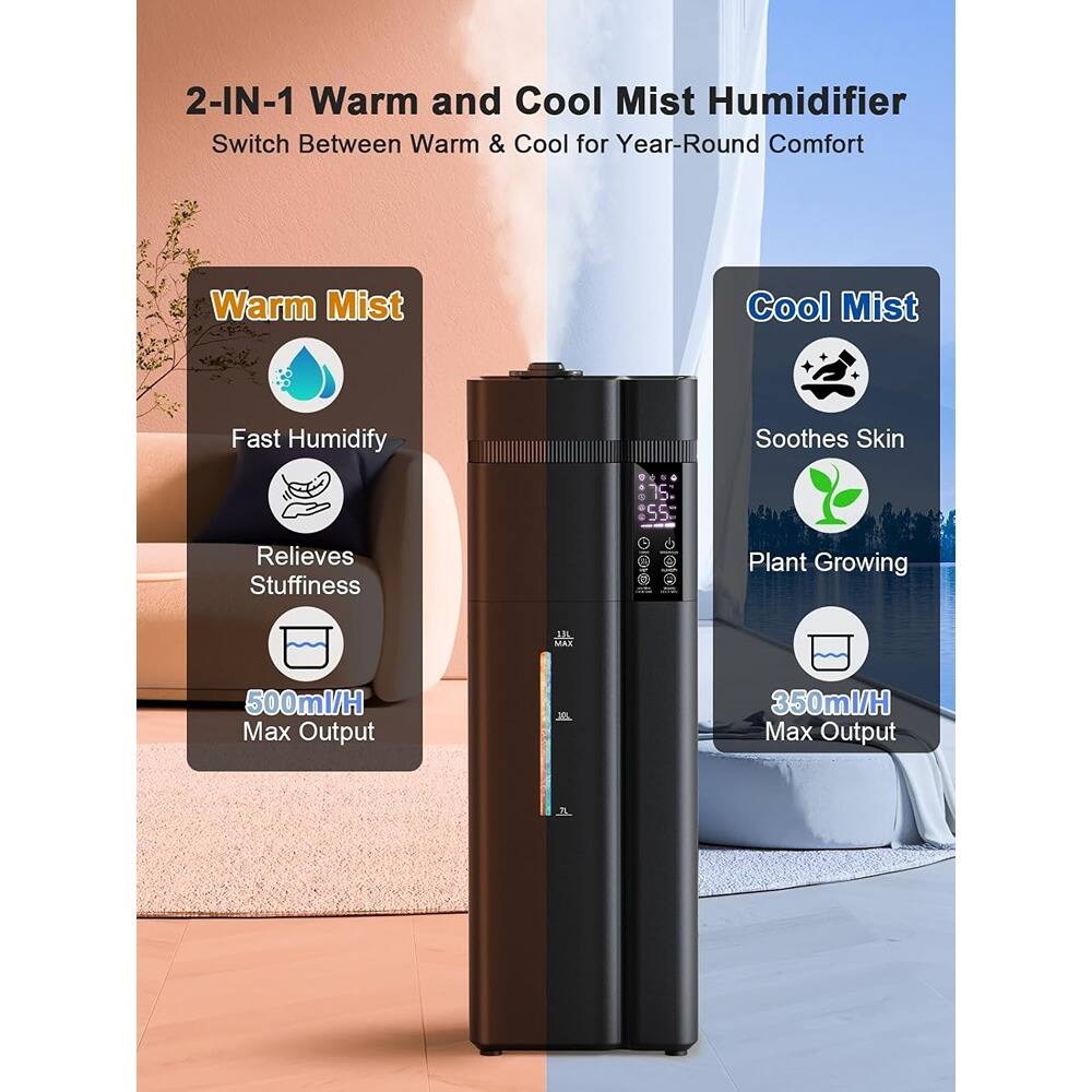 2-IN-1 Warm and Cool Mist Humidifier  
Switch Between Warm & Cool for Year-Round Comfort  

Warm Mist  
- Fast Humidify  
- Relieves Stuffiness  
- 500ml/H Max Output  

Cool Mist  
- Soothes Skin  
- Plant Growing  
- 350ml/H Max Output