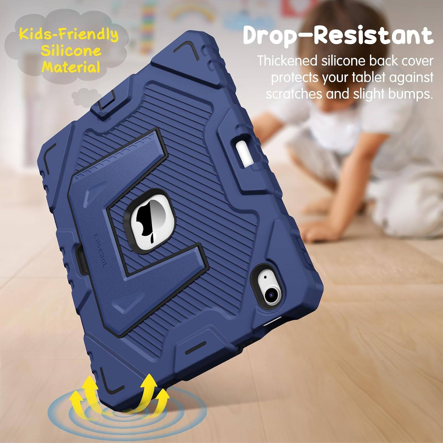 Kids-Friendly Silicone Material  
Drop-Resistant  
Thickened silicone back cover protects your tablet against scratches and slight bumps.  
cosebol