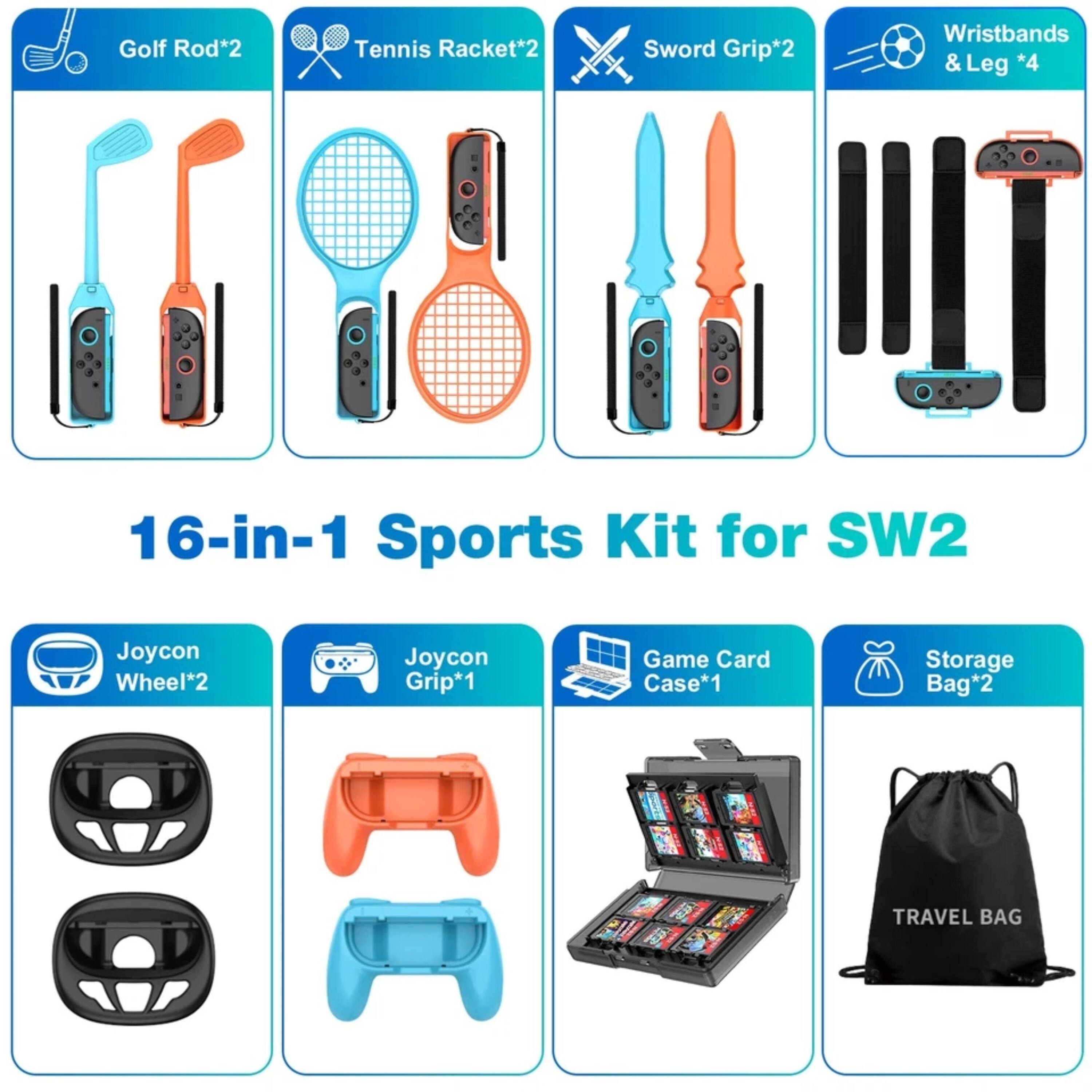 Golf Rod*2  
Tennis Racket*2  
Sword Grip*2  
Wristbands & Leg *4  
16-in-1 Sports Kit for SW2  
Joycon Wheel*2  
Joycon Grip*1  
Game Card Case*1  
Storage Bag*2  
TRAVEL BAG