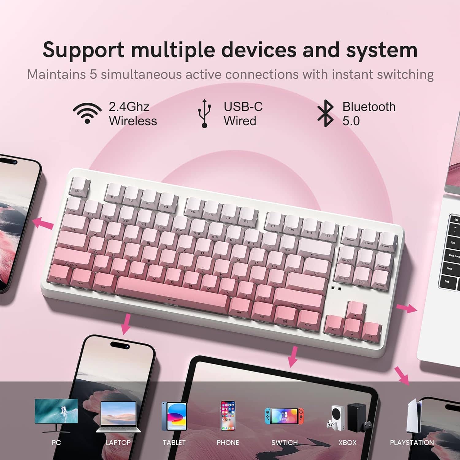 FL.ESPORTS - NX87 TKL Wireless Gasket-Mounted Mechanical Keyboard Hot-Swappable Switches, Triple Mode 5-Device - Pink