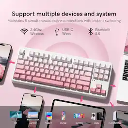 FL.ESPORTS - NX87 TKL Wireless Gasket-Mounted Mechanical Keyboard Hot-Swappable Switches, Triple Mode 5-Device - Pink