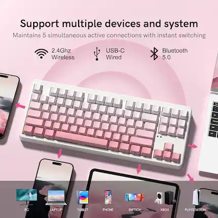 Support multiple devices and system
Maintains 5 simultaneous active connections with instant switching
2.4Ghz Wireless
USB-C Wired
Bluetooth 5.0
PC
LAPTOP
TABLET
PHONE
SWITCH
XBOX
PLAYSTATION