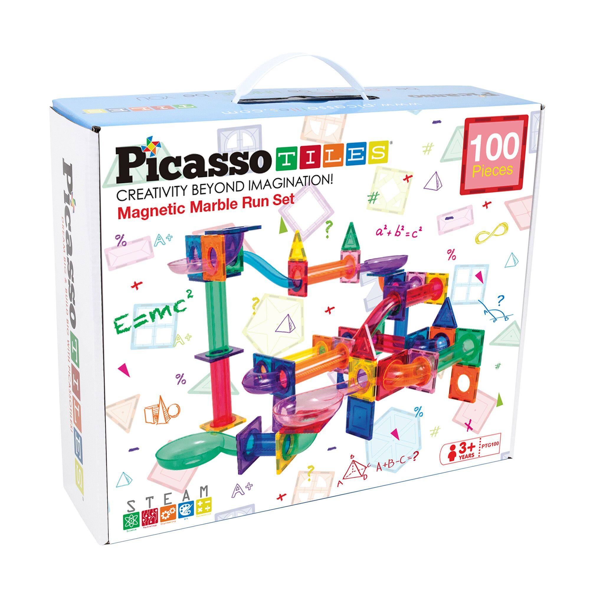 Picasso Tiles  
Creativity Beyond Imagination!  
Magnetic Marble Run Set  

100 Pieces  

E=mc²  
a² + b² = c²  
A + B - C = ?  

STEAM  

3+ Years  

PTG100