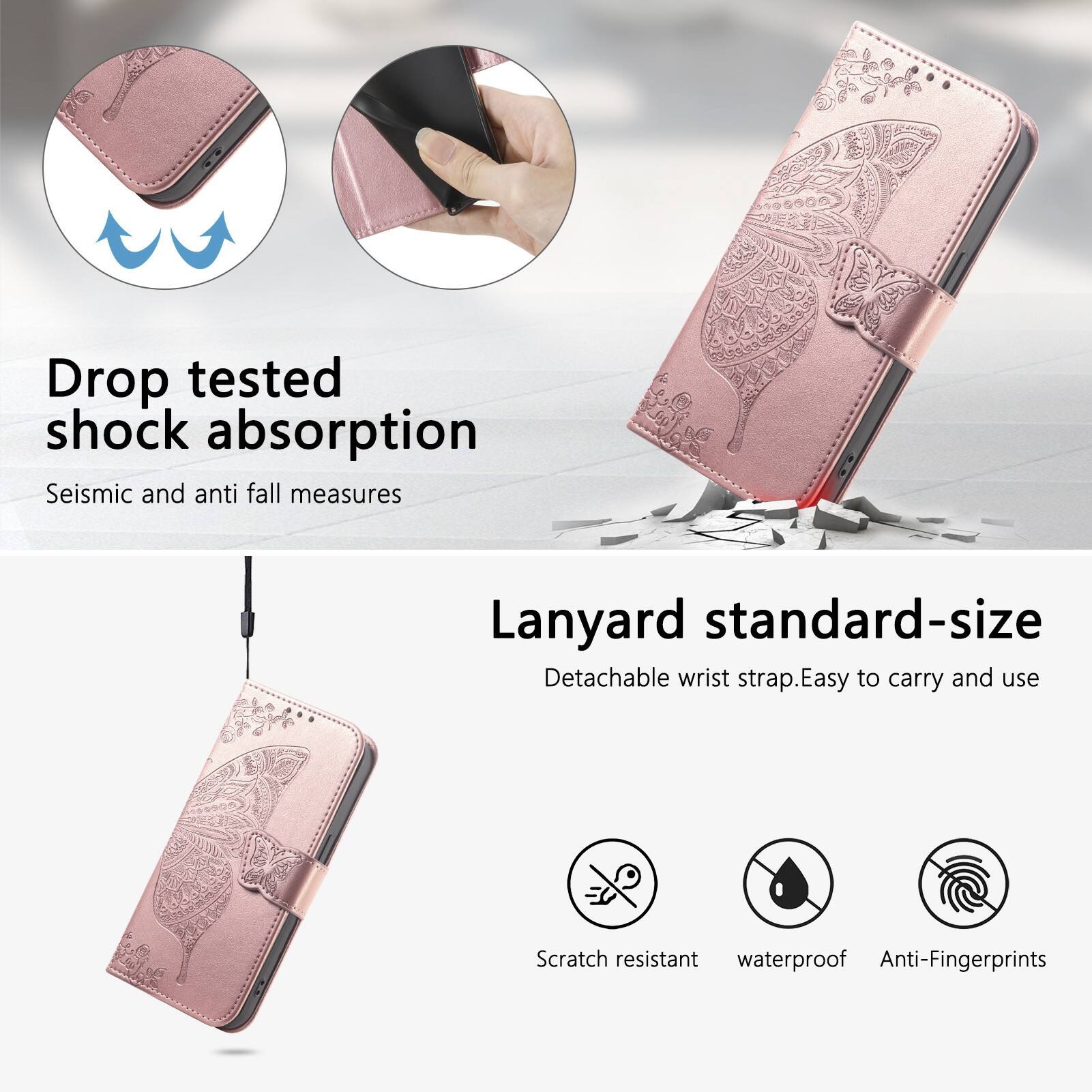 Drop tested shock absorption  
Seismic and anti fall measures  

Lanyard standard-size  
Detachable wrist strap. Easy to carry and use  

Scratch resistant  
Waterproof  
Anti-Fingerprints