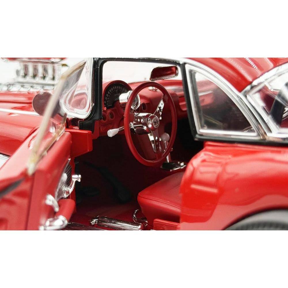 Left. ACME - 1961 Chevrolet Corvette Gasser Roman Red with Red Interior Limited Edition to 300 pieces Worldwide 1/18 - Red.