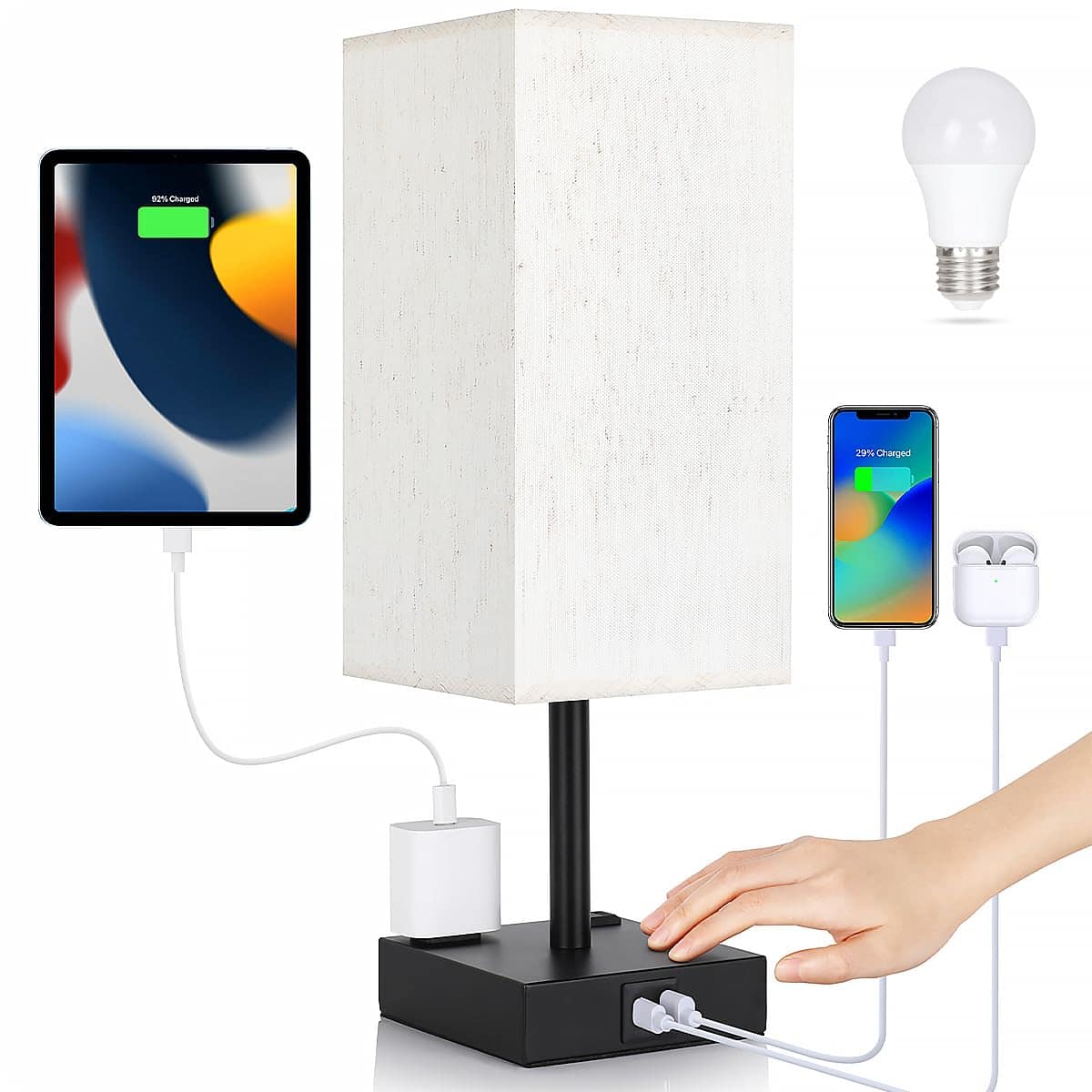 Reds Spade - Bedside Table Lamp Bedroom Touch Lamp USB Charging Ports Outlets Way Dimmable Nightstand Light Living - Flaxen