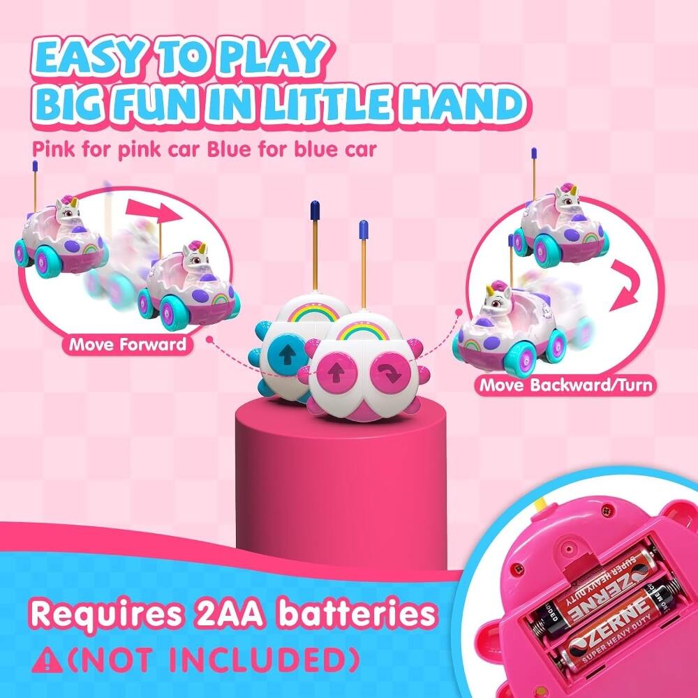 EASY TO PLAY BIG FUN IN LITTLE HAND

Pink for pink car Blue for blue car

Move Forward

Move Backward/Turn

Requires 2AA batteries (NOT INCLUDED)

SUPER HEAVY DUTY ZERNE
