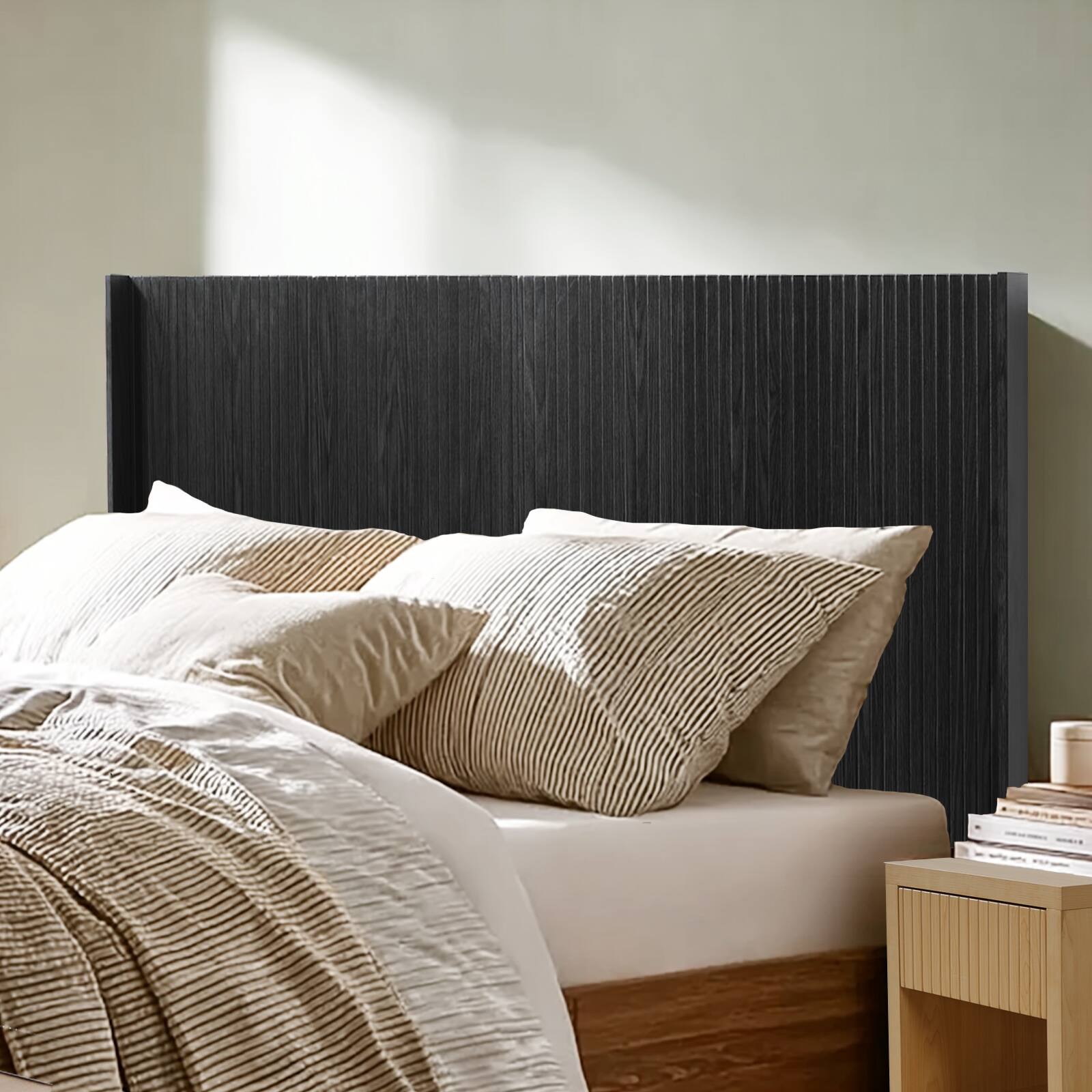 Alt View 2. GOODSILO - Queen Size Wood Headboard - 64.4"" Wide, Modern Farmhouse Style, Fluted Panel Design - Black Woodgrain.