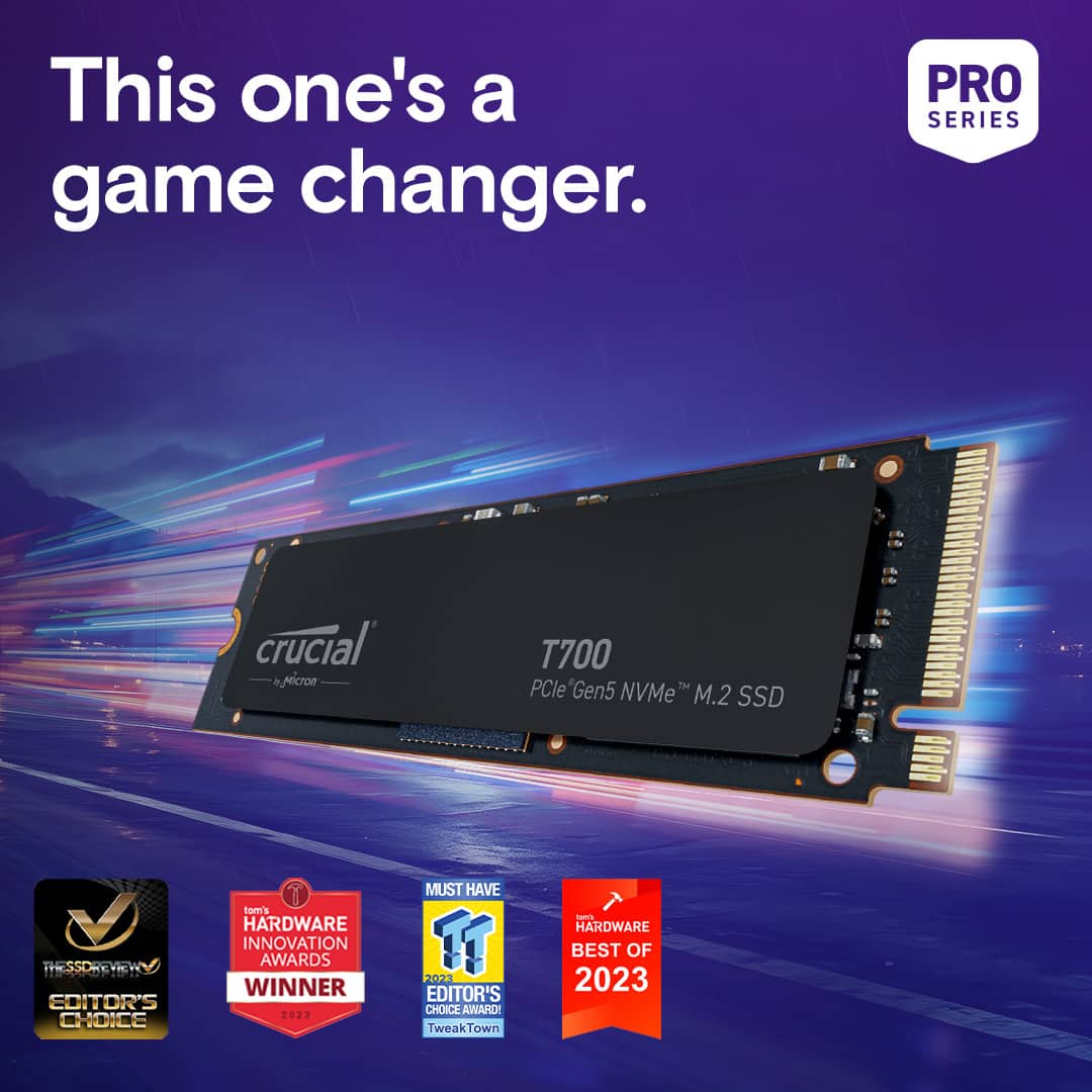 This one's a game changer. PRO SERIES crucial t Micron T700 PCle Gen5 NVMe" M.2 SSD THESSDREviEW EDITOR'S CHOICE tom's HARDWARE INNOVATION AWARDS WINNER 2023 MUST HAVE 1 2023 EDITOR'S CHOICE AWAHD TweakTown - HARDWARE BEST OF 2023