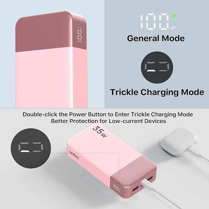 100% General Mode

Trickle Charging Mode

Double-click the Power Button to Enter Trickle Charging Mode
Better Protection for Low-current Devices

35w

Nobis