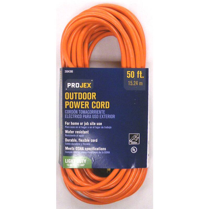 3504396  
PROJEX  
OUTDOOR POWER CORD  
CORDON TOMACORRIENTE ELECTRICO PARA USO EXTERIOR  
For home or job site use  
Para usos en el hogar o en el lugar de trabajo  
Water resistant  
Resistente al agua  
Durable, flexible cord  
Cable duradero y flexible  
Meets OSHA specifications  
Cumple con las especificaciones de la OSHA  
50 ft.  
15.24 m  
LIGHT DUTY  
16 GAUGE/13 AMP