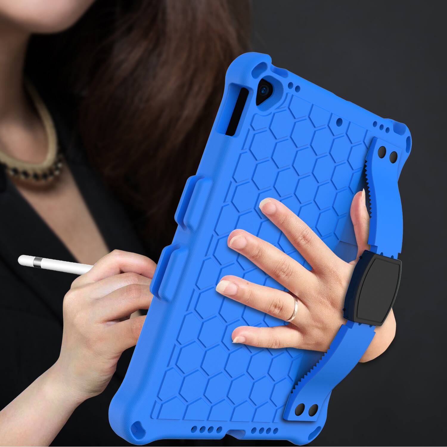 Back. UUCOVER - Kids Case for iPad 9th 8th 7th Gen 10.2-inch (2021/2020/2019) Shockproof EVA+TPU Stand Cover with Shoulder Strap - Blue.
