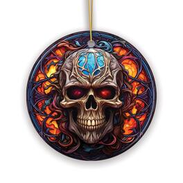 OrnamentallyYou - Phantoms Grin Sinister Skull Stained Glass Style Ceramic Ornament Halloween Themed Christmas Gift - Multi-colored