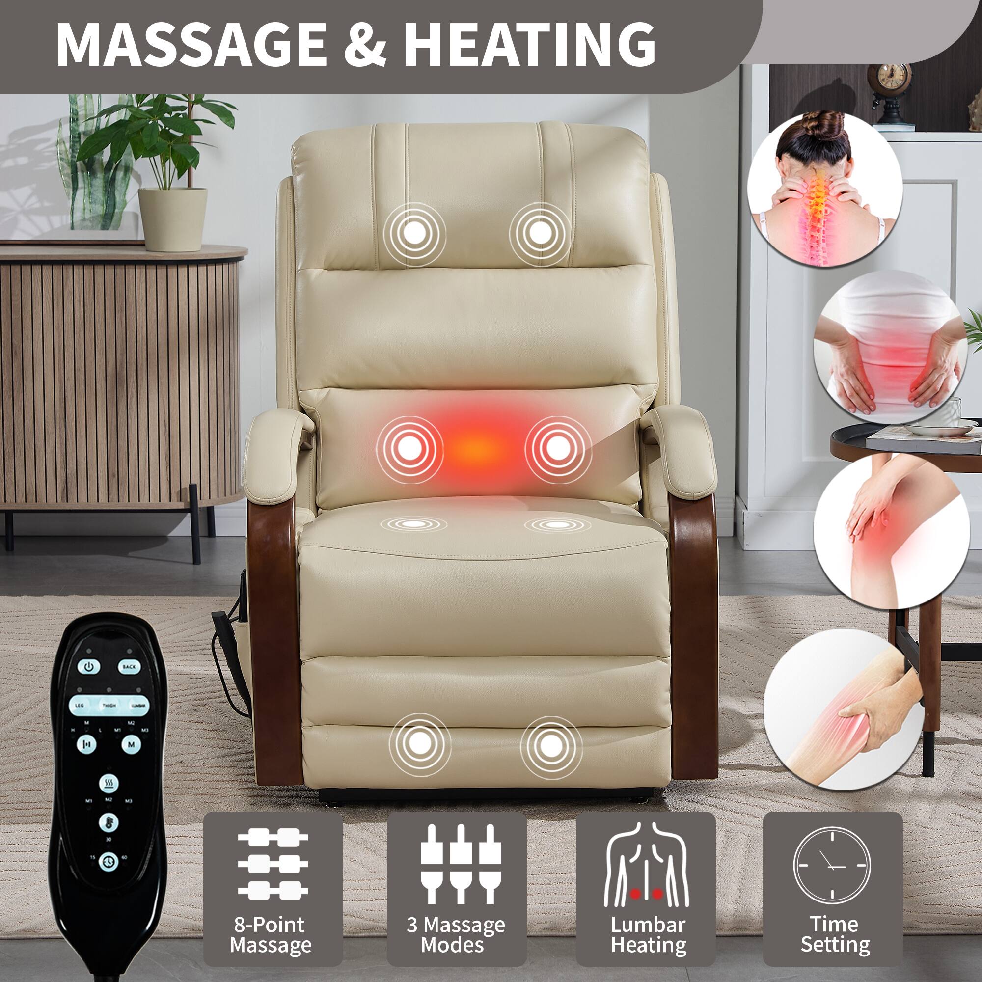 MASSAGE & HEATING

- 8-Point Massage
- 3 Massage Modes
- Lumbar Heating
- Time Setting