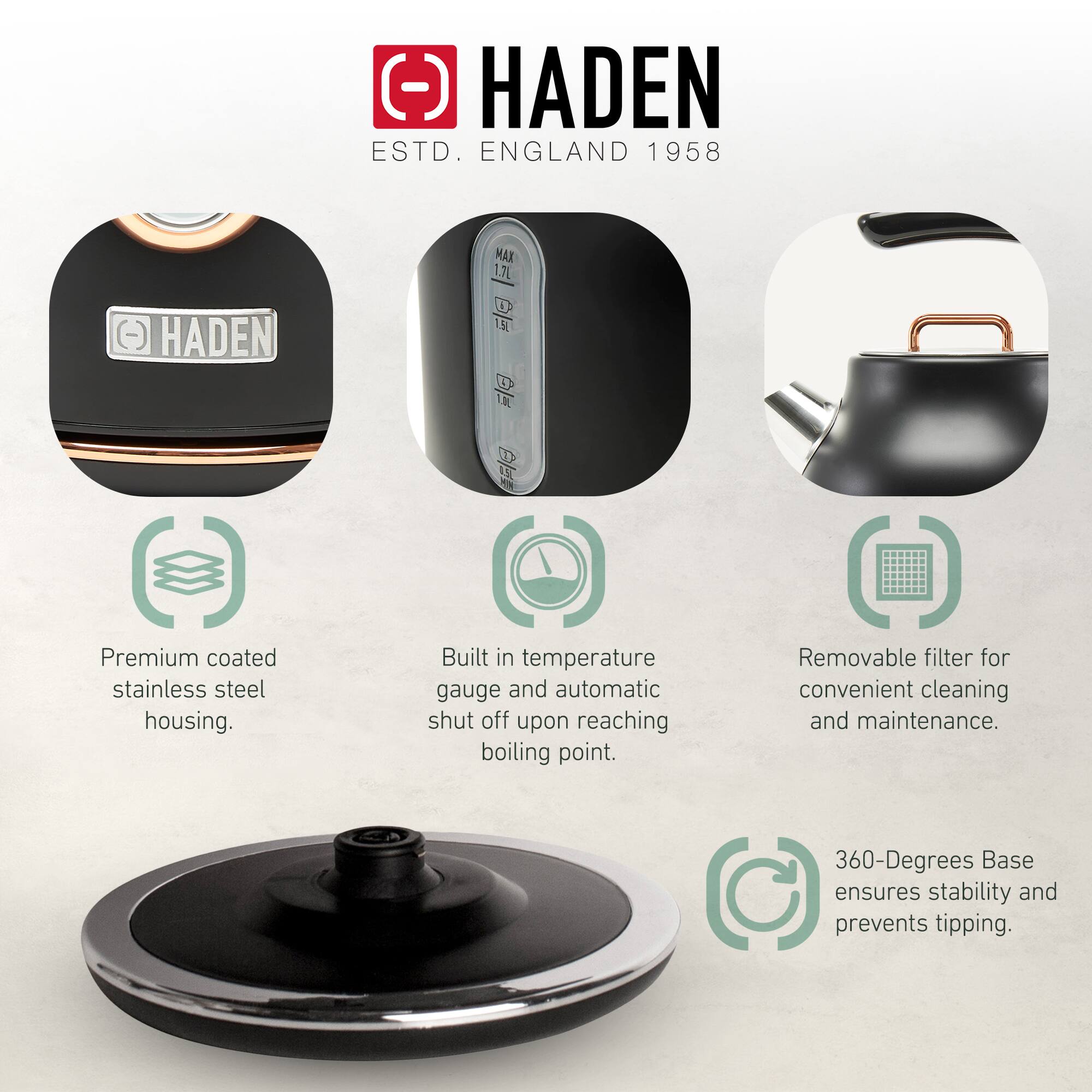 HADEN  
ESTD. ENGLAND 1958  

1.7L HADEN 19 C 10  

Premium coated stainless steel housing.  
Built in temperature gauge and automatic shut off upon reaching boiling point.  
Removable filter for convenient cleaning and maintenance.  
360-Degrees Base ensures stability and prevents tipping.