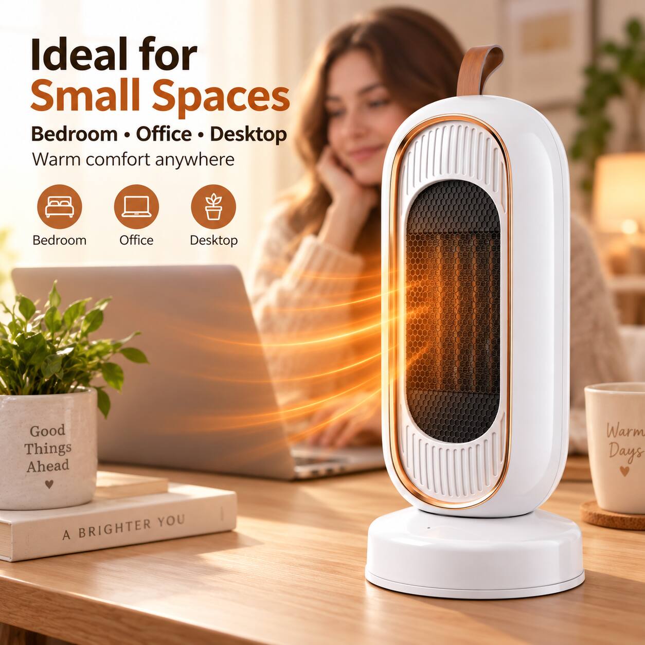 Ideal for Small Spaces  
Bedroom • Office • Desktop  
Warm comfort anywhere  

Bedroom  
Office  
Desktop  

Good Things Ahead  
Warm Days  
A BRIGHTER YOU