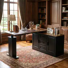 Famapy - Electric Standing Desk with Storage Cabinet, 55.1" Adjustable Height Workstation, 150 LBS Capacity, Rustic Industrial - Walnut & Black