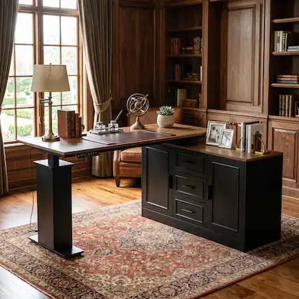 Front. Famapy - Electric Standing Desk with Storage Cabinet, 55.1" Adjustable Height Workstation, 150 LBS Capacity, Rustic Industrial - Walnut & Black.