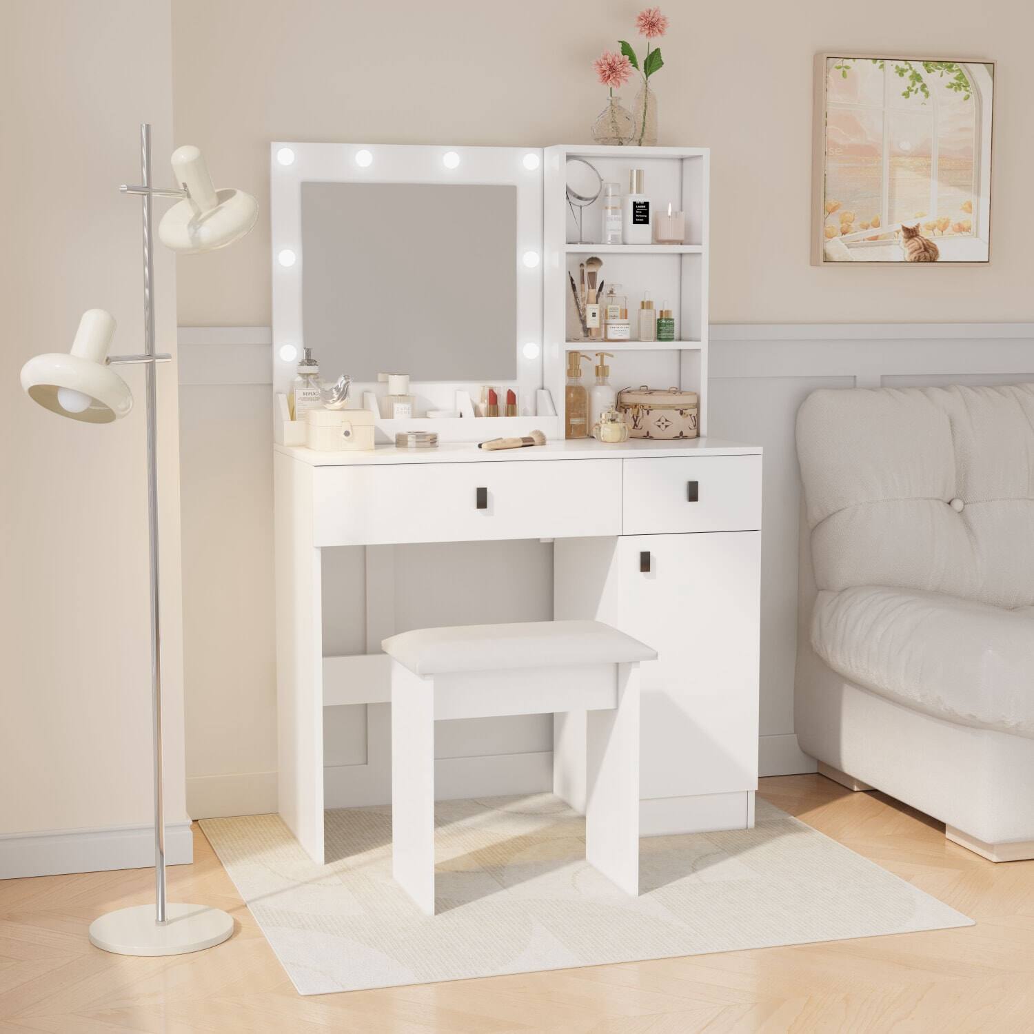Angle. Lirago - White Wood Dresser Table Desk with Mirror Dressing Table  Adjustable Lights 15.7”D x 35.4“ W x 53.5“ H - White.