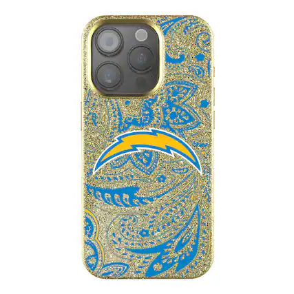 Front. Keyscaper - Los Angeles Chargers Paisley Bling iPhone Case - 16 Pro - Gold.
