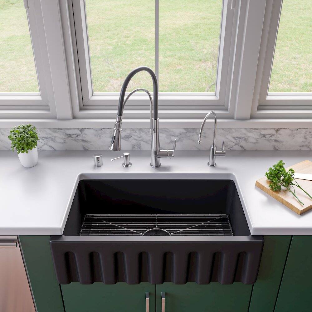 Alt View 6. Alfi - ALFI brand 33 Black Matte Reversible Smooth / Fluted Single Bowl Fireclay Farm Sink - Black.