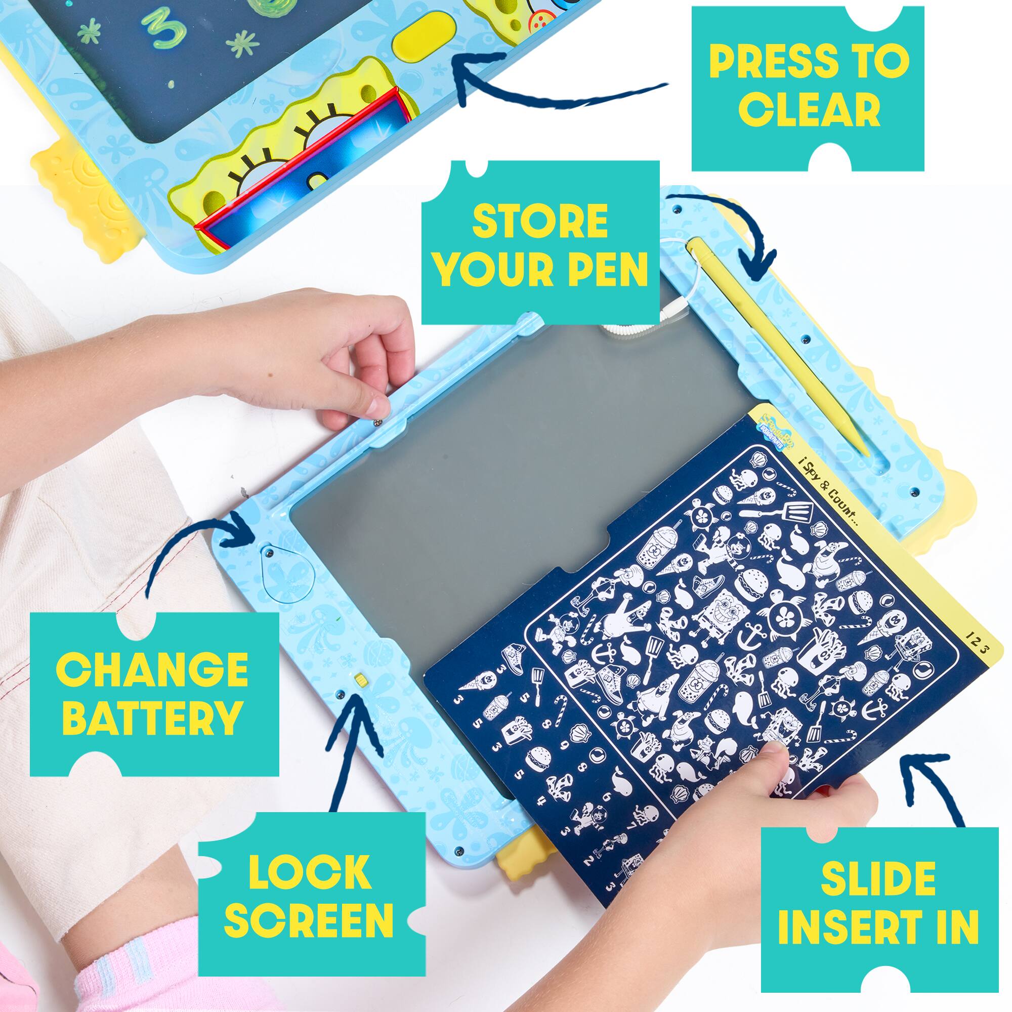 - PRESS TO CLEAR
- STORE YOUR PEN
- CHANGE BATTERY
- LOOK SCREEN
- SLIDE INSERT IN