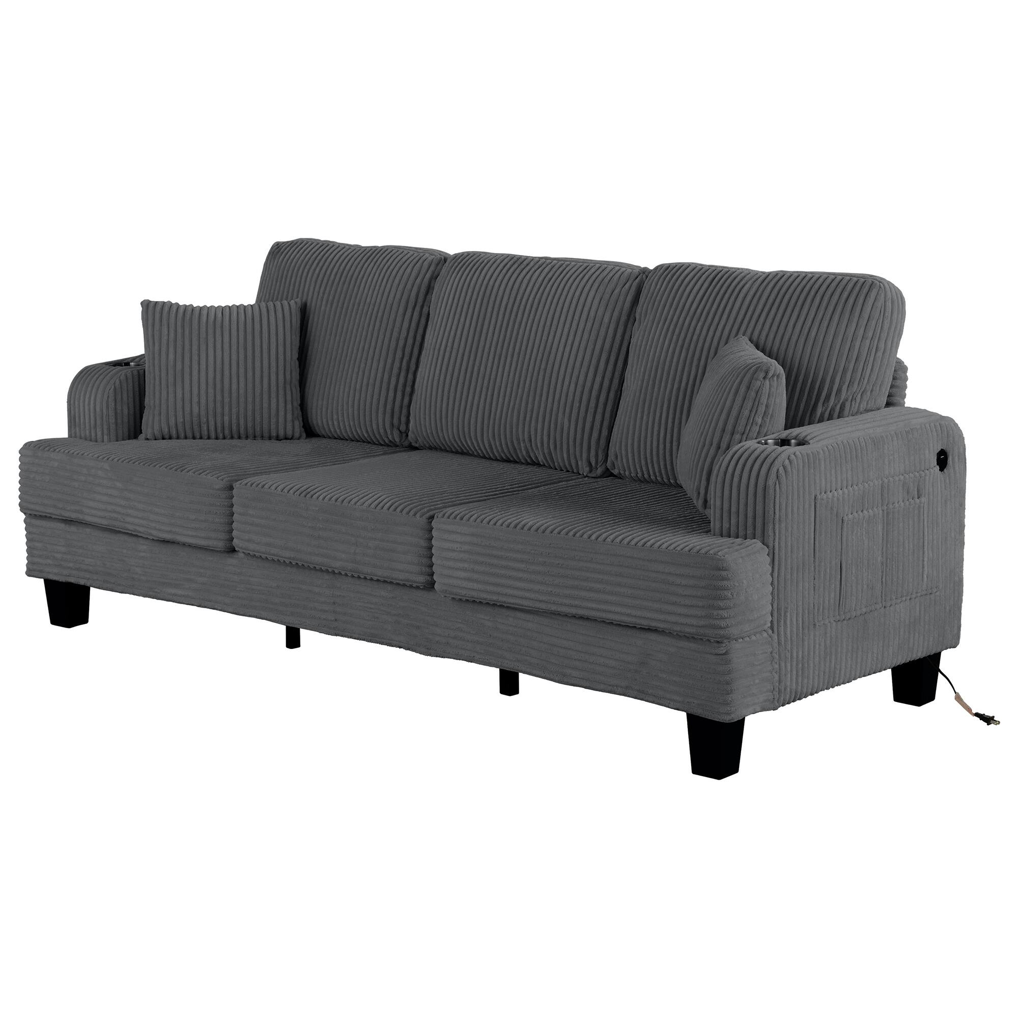 Alt View 4. Vaczon - Sofa Couch with USB Charging Ports and Cup Holders, 3-Seater Upholstered Living Room Sofa with 2 Throw Pillows - Gray.