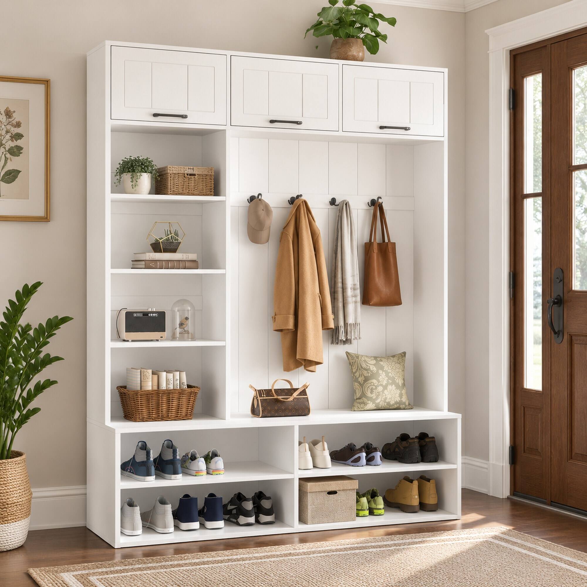 Back. RYHNUYNE - VIBE HAUS 76.9 in Farmhouse Hall Tree, Entryway Bench with Coat Rack, 4 Hooks, 3 Enclosed Compartments, White - White.